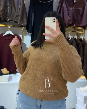 Pull Marron Texturé à Col Rond