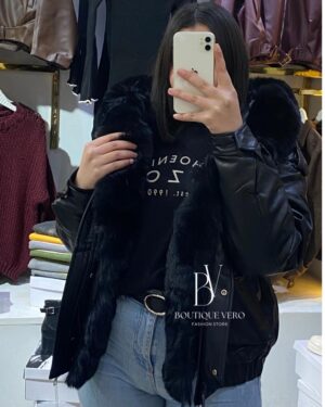 Veste courte Simili-Cuir à Fausse Fourrure Amovible